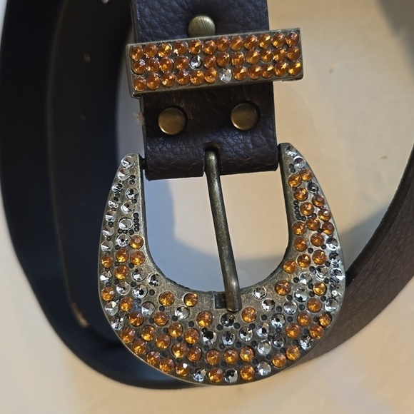 Womens Sparkle Bling Crystals Brown Leather Belt Sz.M/L - Picture 2 of 6